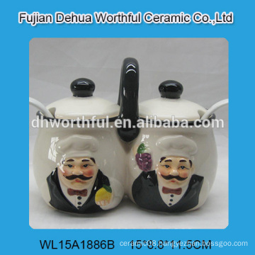 Creative ceramic jar for food in double chef shape with handle/lid/spoon